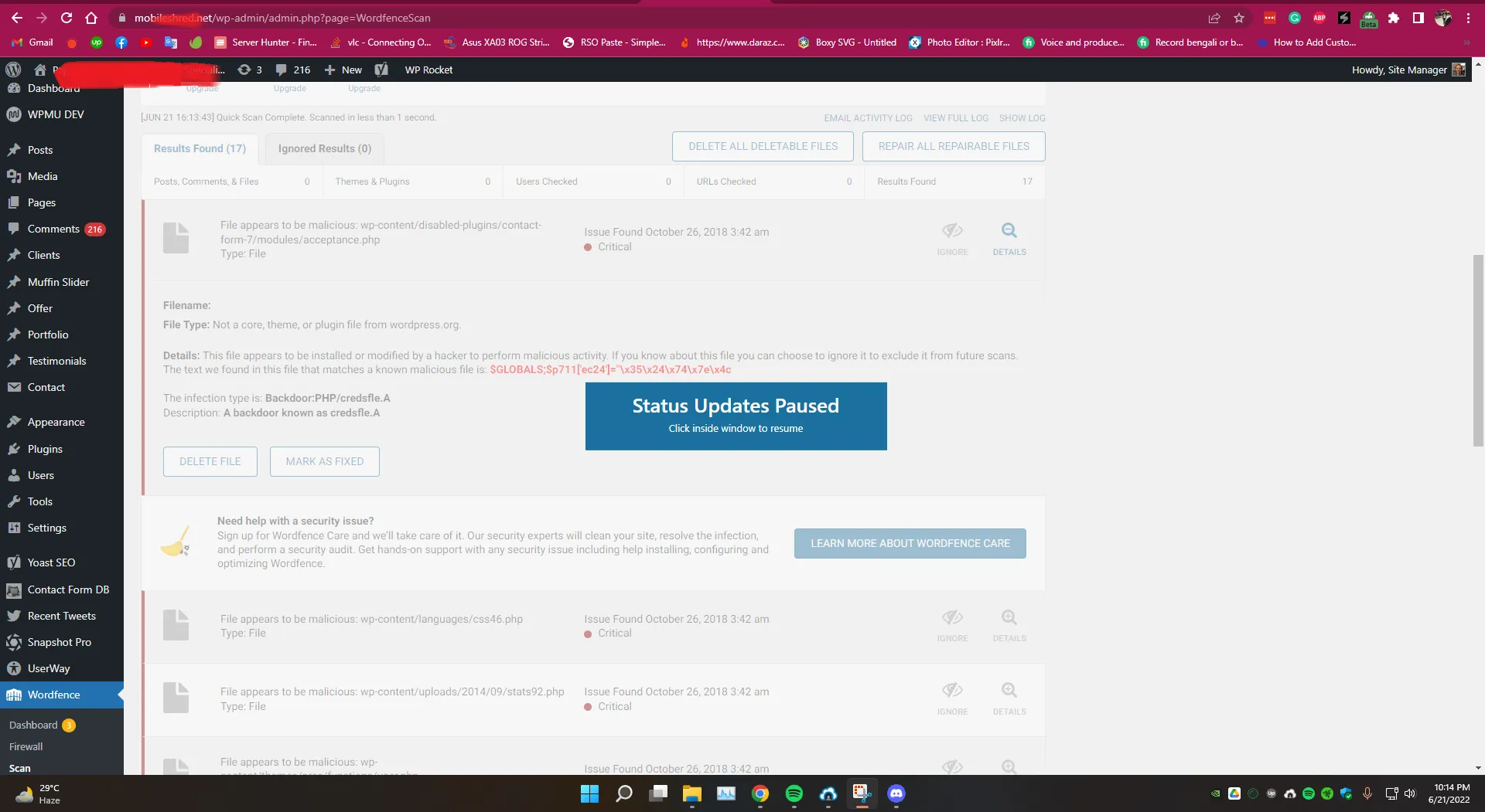 Case Study: Vulnerability Scanning - Website Hack Recovery & Security. Deep scan and analysis using Wordfence to identify and patch outdated plugins and core files. WebCare Pro provides secure, comprehensive malware cleanup, file quarantine, and server reinforcement.